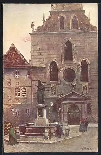 Künstler-AK Rudolf Preuss: Wien, Franziskanerkirche und Brunnen