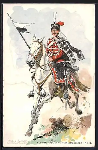 Künstler-AK Rathenow, Soldat des Husaren-Regiments von Zieten Brandenburg No. 3 zu Pferde