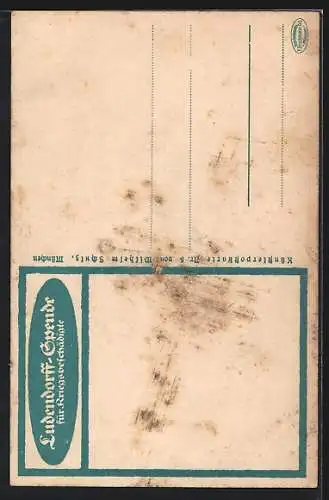 AK Ludendorffspende für Kriegsbeschädigte, Frau mit Soldaten, Pflug & Spendenbüchse