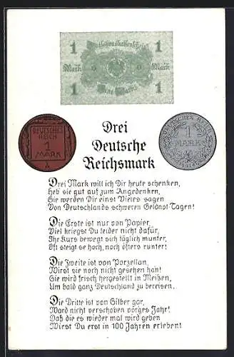 AK Drei Deutsche Reichsmark aus Papier, Silber und aus Porzellan