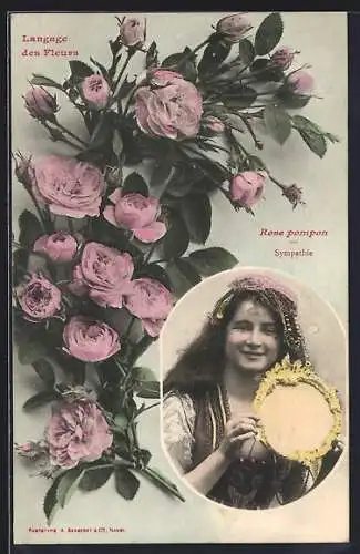 AK Langage des Fleurs, Rose pompon, Sympathie, Junge Dame mit Rosen