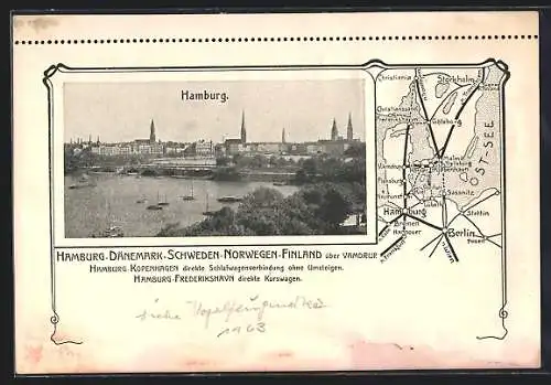 AK Hamburg, Alster mit Lombardsbrücke, Verbindungskarte Deutsche Eisenbahnen von Hamburg aus