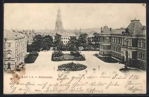 AK Zwickau i. S., Albertplatz mit Kirche, Prachthäusern und Rabatten