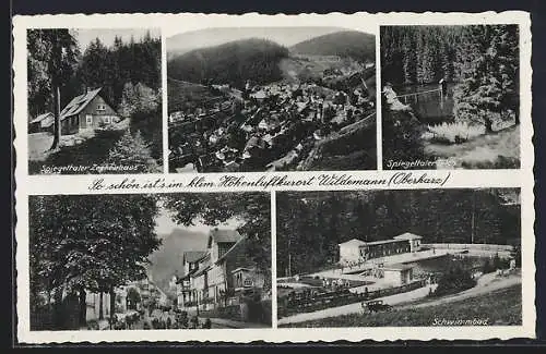 AK Wildemann /Oberharz, Gasthaus Spiegeltaler Zechenhaus, Schwimmbad, Teich, Ortsansicht