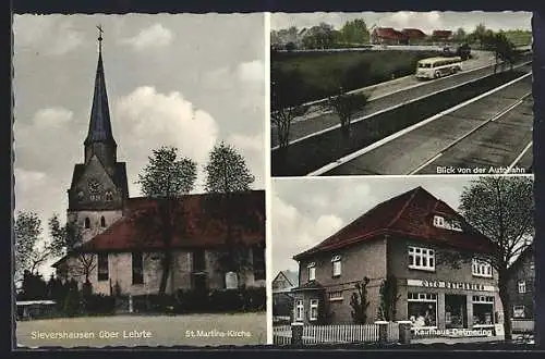 AK Sievershausen über Lehrte, Kaufhaus Detmering, St. Martins-Kirche, Autobahn