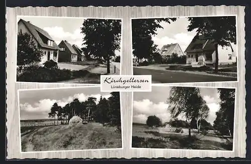 AK Kirchgellersen /Lüneburger Heide, Reihenhäuser an der Strasse, Feldpartie