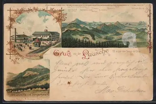 Lithographie Waltersdorf / Lausitz, Gasthof auf der Lausche, Lausche von der Sängerhöhe