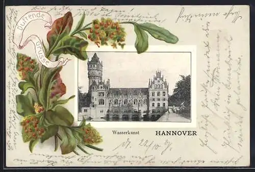 Präge-AK Hannover, Wasserkunst und Rahmen mit Blumen