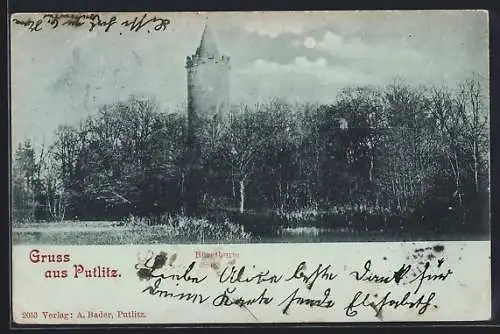 Mondschein-AK Putlitz, Der Burgturm bei Nacht