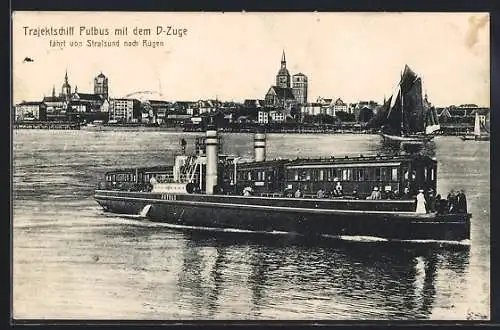 AK Stralsund, Trajektschiff Putbus mit dem D-Zuge fährt nach Rügen, Leute