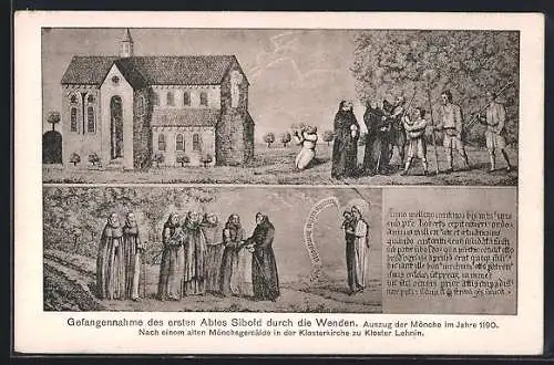 Künstler-AK Lehnin, Kloster Lehnin, Gefangennahme Sibolds durch die Wenden, Auszug der Mönche