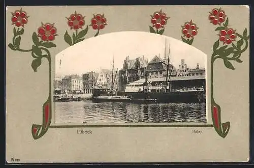 AK Lübeck, Schiffe im Hafen, Blumen-Passepartout