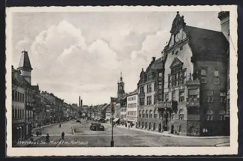 AK Werdau i. Sa., Markt mit Rathaus und Geschäften