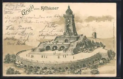 Lithographie Kyffhäuser, Kaiser Wilhelm-Denkmal mit Besuchern