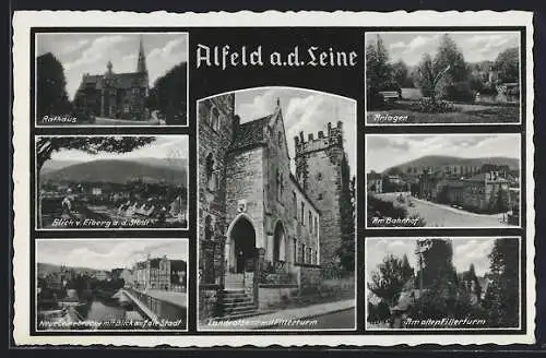 AK Alfeld / Leine, Mehrfachansicht mit Landratsamt, Rathaus, Fillerturm, Bahnhof und weiteren Motiven