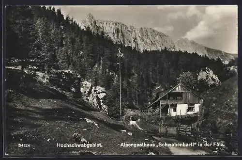 AK Fölz /Hochschwabgebiet, Alpengasthaus Schwabenbartl mit Bergen