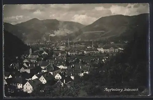 AK Kapfenberg, Ortsansicht mit Fabrikschornsteinen