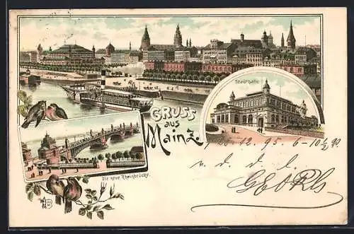 Vorläufer-Lithographie Mainz, 1895, Stadthalle, Die neue Rheinbrücke, Flusspartie