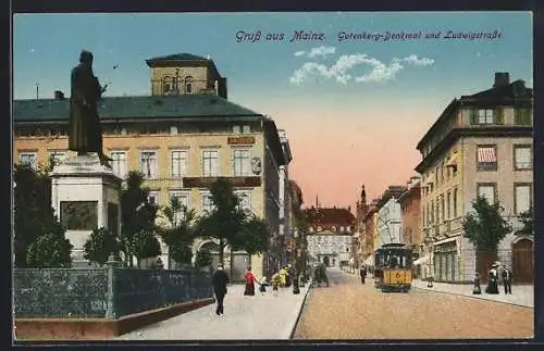 AK Mainz, Strassenbahn in der Ludwigstrasse, Gutenberg-Denkmal