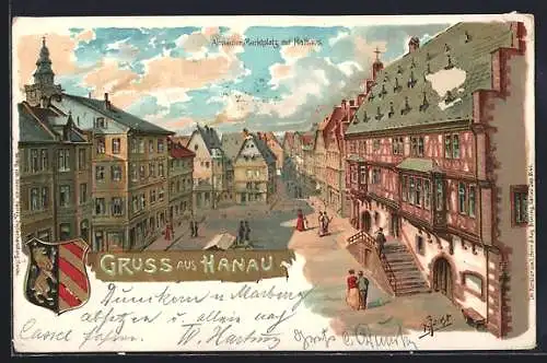 Lithographie Hanau, Altstädter Marktplatz mit Rathaus