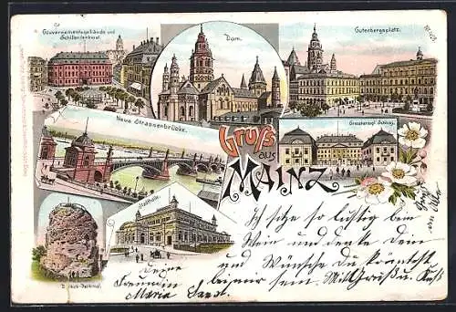 Lithographie Mainz, Blick auf Dom, Gutenbergplatz und neue Strassenbrücke