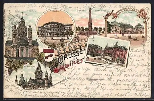 Lithographie Mainz, Neubrunnen und grosse Bleiche, Grossh. Schloss, Theater, Pferdebahn, Wappen