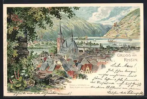 Lithographie Bingen / Rhein, Dächer der Stadt von Burg Klopp aus gesehen