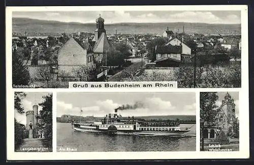 AK Budenheim, Lennebergturm, Raddampfer auf der Rheinrundfahrt, Schloss Waldhausen, Totalansicht