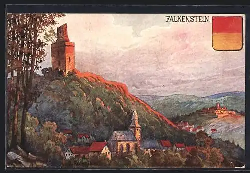 Künstler-AK Falkenstein / Taunus, Burgruine Falkenstein und Wappen