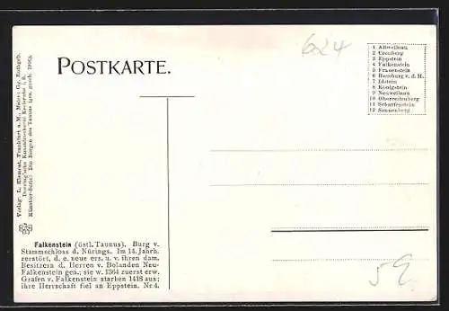 Künstler-AK Falkenstein / Taunus, Burgruine Falkenstein und Wappen