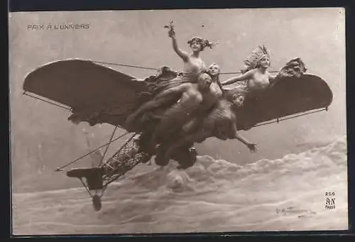 Künstler-AK Domenico Mastroianni: Paix à l`Univers, Fantastisches Flugzeug