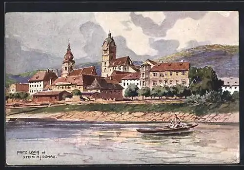 Künstler-AK Stein a. Donau, Teilansicht von der Donau aus