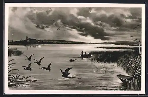 AK Bad Buchau, Federsee, Jäger im Ruderboot und auffliegende Enten