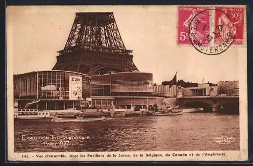 AK Paris, Exposition internationale 1937, Vue D` Ensemble des Pavillons de la Suisse de la Belgique du Canada