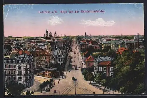 AK Karlsruhe, Blick von der Bernharduskirche auf die Stadt, Strassenbahn