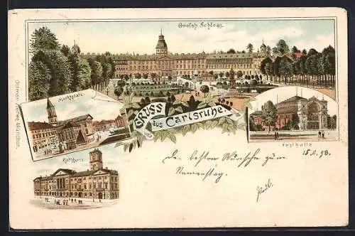 Lithographie Karlsruhe, Marktplatz, Grossherzogl. Schloss, Festhalle, Rathaus