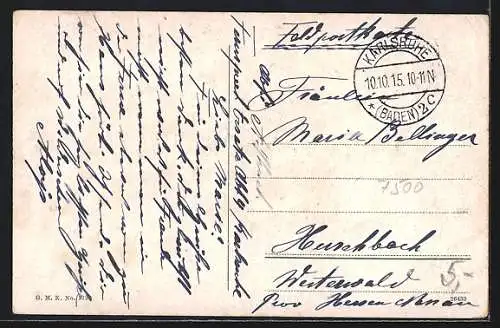 AK Karlsruhe i. B., Hauptpost mit Strassenpartie