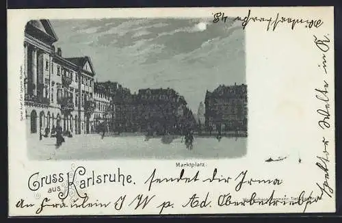 Mondschein-Lithographie Karlsruhe, Der Marktplatz bei Nacht