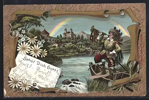 Lithographie Der Trompeter von Säckingen am Wasser, Regenbogen, Behüt Dich Gott!