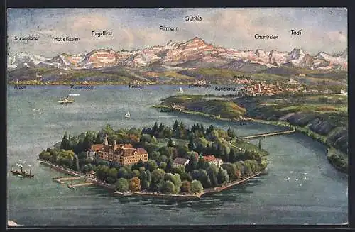 Künstler-AK Insel Mainau, Gesamtansicht mit Alpenpanorama