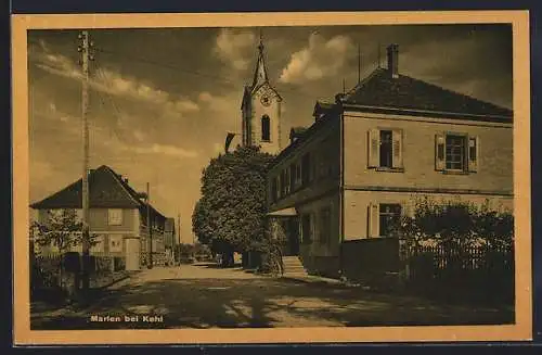 AK Marlen bei Kehl, Strassenpartie mit Kirche