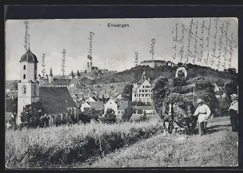 AK Ellwangen, Ortspartie, Bauern bei der Heuernte