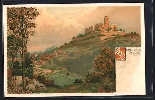 Lithographie Königstein / Taunus, Teilansicht mit Festung, Wappen