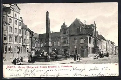 AK Mainz, Grosse Bleiche mit Neuem Brunnen und Volksbank, Pferdebahn mit einem weissen Pferd