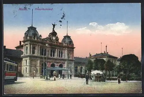 AK Mainz, Hauptbahnhof mit Strassenbahn, kleiner fahrbarer Stand vor dem Park