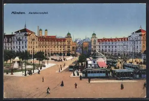 AK München, Strassenbahnen am Karlstorrondell