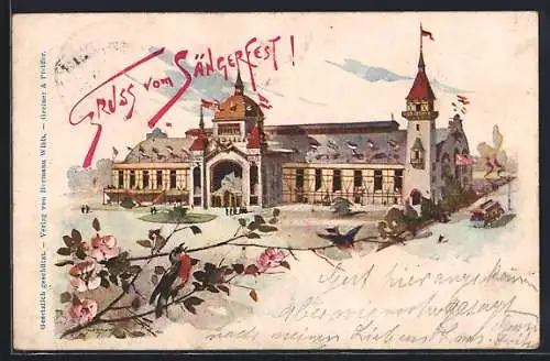 Lithographie Stuttgart, Sängerfest 1896, Festhalle, Strassenbahn