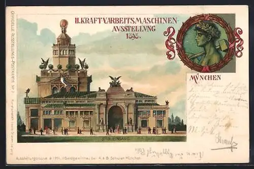 Lithographie München, II. Kraft- und Arbeitsmaschinen-Ausstellung 1898, Südlicher Eingang