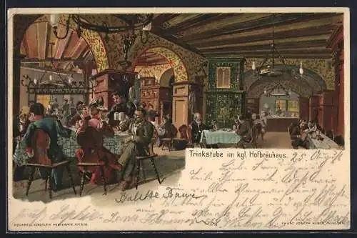 Künstler-Lithographie München, Trinkstube im kgl. Hofbräuhaus, Gäste an den Tischen sitzend