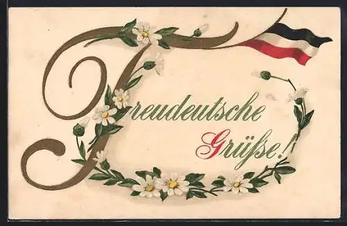 AK Blumen mit Reichsfahne, Treudeutsche Grüsse